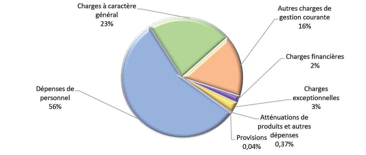 "Diagramme à secteurs détaillant les différentes catégories de dépenses. Les dépenses de personnel dominent à 56%, suivies des charges à caractère général qui représentent 23%. Les autres charges de gestion courante s'élèvent à 16%, tandis que les charges exceptionnelles constituent 3% et les charges financières 2%. Les atténuations de produits et autres dépenses représentent 0,37% et les provisions 0,04%